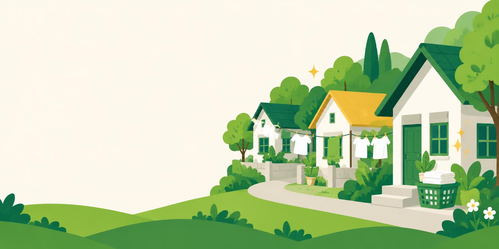 Ilustrasi lingkungan rumah dengan cucian bersih dan keranjang laundry